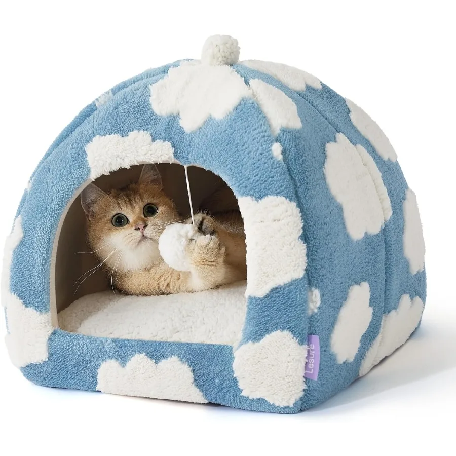 2 in 1 Cozy Cat Cave Bed for Indoor Kittens and Small Pets with Removable Washable Cushioned Pillow NonSlip Bottom Design Blue